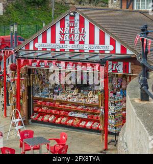 Une boutique de cadeaux colorée en bord de mer. Il y a une énorme gamme de coquillages et d'aimants de réfrigérateur et une table avec des chaises son en premier plan. Banque D'Images