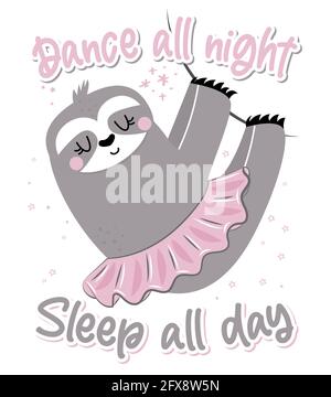 Dansez toute la nuit, dormez toute la journée - adorable sloth accroché à la brindille. Détendez-vous et profitez de l'été. Modes de vie paresseux, sensation, vibes d'été. Citations motivationnelles. H Illustration de Vecteur