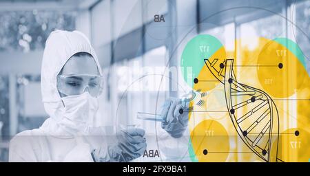 Composition scientifique féminine en combinaison d'epi tenant le tube à essai avec adn et icônes médicales Banque D'Images