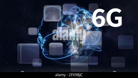 Composition de texte de 6g et de plusieurs écrans sur le globe avec réseau de connexions en arrière-plan Banque D'Images