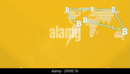 Composition des symboles bitcoin sur les connexions et la carte du monde sur arrière-plan jaune Banque D'Images