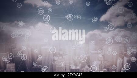 Composition d'un réseau d'icônes numériques sur le paysage urbain Banque D'Images