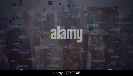 Composition d'un réseau d'icônes numériques sur le paysage urbain Banque D'Images