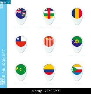 Drapeau PIN défini, icône d'emplacement de carte en bleu avec drapeau des îles Caïmans, République centrafricaine, Tchad, Chili, Chine, Christmas Island, Cocos Isla Illustration de Vecteur