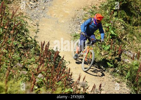 Chatel, France - 18 août 2019. VTT extrême à Chatel , Alpes françaises, portes du Soleil, haute Savoie, France. Banque D'Images