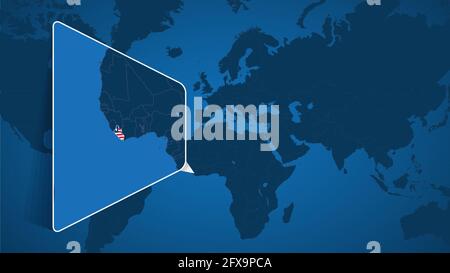 Emplacement du Libéria sur la carte du monde avec la carte élargie du Libéria avec drapeau. Modèle de vecteur géographique pour votre conception. Illustration de Vecteur