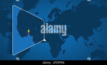 Emplacement du Bénin sur la carte du monde avec la carte élargie du Bénin avec drapeau. Modèle de vecteur géographique pour votre conception. Illustration de Vecteur