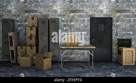 Table dans un sous-sol avec boîte et top fichiers secrets. Lieu secret, archive cachée. Casiers, table et boîtes. Documents et feuilles importants. FBI Banque D'Images