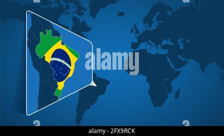 Emplacement du Brésil sur la carte du monde avec carte élargie du Brésil avec drapeau. Modèle de vecteur géographique pour votre conception. Illustration de Vecteur