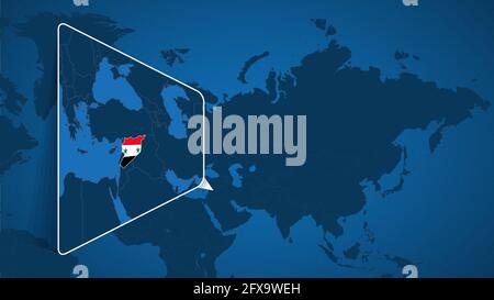 Situation de la Syrie sur la carte du monde avec une carte élargie de la Syrie avec drapeau. Modèle de vecteur géographique pour votre conception. Illustration de Vecteur