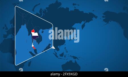 Emplacement de la Thaïlande sur la carte du monde avec carte élargie de la Thaïlande avec drapeau. Modèle de vecteur géographique pour votre conception. Illustration de Vecteur