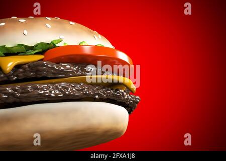 Cheeseburger à rendu 3D avec bœuf, fromage, tomate, laitue, oignon, bacon et sauce sur fond rouge. Copier l'espace. Concept alimentaire créatif ou artistique Banque D'Images