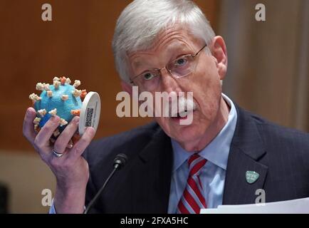 Washington, États-Unis. 26 mai 2021. Directeur NIH FR. Francis Collins tient un modèle du coronavirus en témoignant devant un sous-comité des crédits du Sénat qui examine les prévisions budgétaires de l'Institut national de la santé (NIH) et l'état de la recherche médicale à Capitol Hill, à Washington, DC, le mercredi 26 mai 2021. Photo par Sarah Silbiger/Pool/Sipa USA crédit: SIPA USA/Alay Live News Banque D'Images