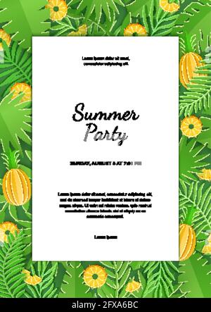 Feuille blanche coupée en papier avec feuillage épais et ananas aux agrumes. Feuilles de jungle verte et cadre de fruits en tranches. Illustration de carte vectorielle avec emplacement pour Illustration de Vecteur