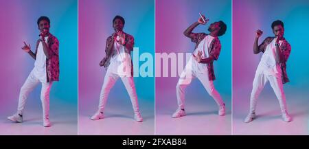 Collage fait de différentes photos de jeune Africain, chanteur isolé sur fond bleu dégradé rose à la lumière du néon Banque D'Images