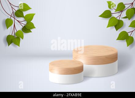 Podium en bois blanc sur fond blanc avec feuilles. Présentation du produit, maquette, présentation de produits cosmétiques, socle ou plate-forme. vecteur 3d Illustration de Vecteur