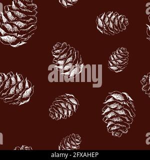 Motif sans couture de cônes de pin illustration blanche différentes tailles sur fond rouge foncé. Vacances d'hiver et concept d'automne pour cartes postales et cadeau pa Banque D'Images