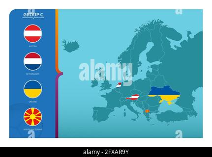 Carte d'Europe avec cartes marquées des pays participant au groupe C du tournoi européen de football 2020. Marque l'icône du groupe C. Illustration de Vecteur