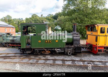 La locomotive sans comtesse dans les sidings, Llanfair Caereinion Station, Welshpool & Llanfair Light Railway, Powys, pays de Galles. Banque D'Images