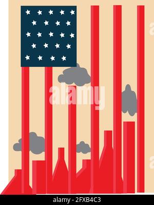 illustration du drapeau américain et de diverses usines au fond qui polluent l'environnement, sur fond rouge Illustration de Vecteur