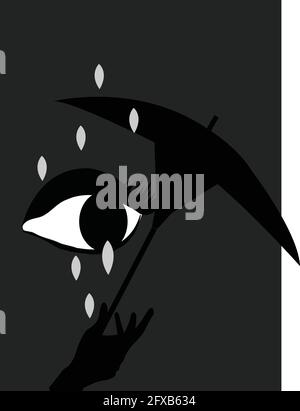 illustration d'une chute de pluie tombant sur un œil qui pleure et qui est protégé par un parapluie, sur un fond gris foncé Illustration de Vecteur
