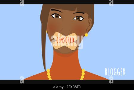 Jeune personne avec la bouche scellée avec des pansements adhésifs croisés. Concept de censure. Illustration de Vecteur