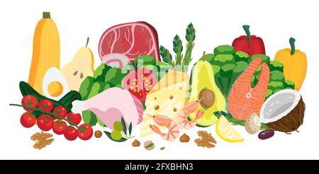 Ensemble de produits alimentaires sains. Bannière d'alimentation saine d'épicerie, pour la diététique, la nutrition équilibrée, le régime de céto. Vecteur de dessin animé plat. Saumon, viande, noix de coco, zucc Illustration de Vecteur