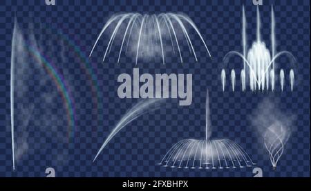 Fontaine réaliste. jets d'eau décoratifs en 3d et jets d'eau incurvés en cascade pour le parc. Ensemble de fontaines, de jets d'eau et de vecteurs de flux Illustration de Vecteur