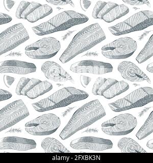 Saumon motif de fruits de mer, encre illustration réaliste de poisson de mer, filet de saumon, steak, ingrédients de cuisson détaillés, l'art de hacher, sans couture Illustration de Vecteur