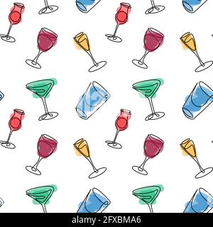 Verres à motif sans coutures pour cocktail. Contour Doodle coloré continu Illustration de Vecteur