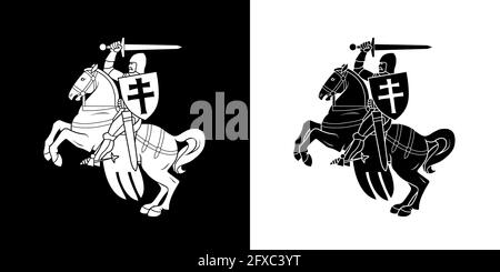 Versions en noir et blanc des images d'un cavalier sur un cheval des armoiries de la République du Bélarus en 1991 - 1994. Illustration vectorielle. Illustration de Vecteur