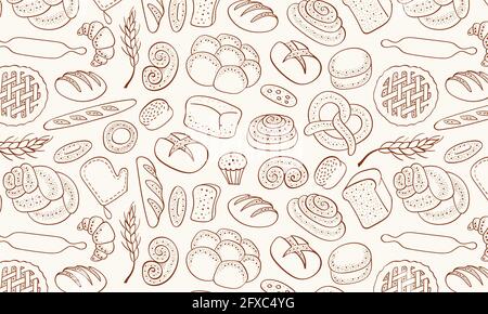 Motif de boulangerie dessiné à la main sans couture. Bordure horizontale avec gribouillages. Illustration vectorielle. Illustration de Vecteur
