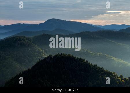 Vue depuis Hochblauen sur les montagnes environnantes à l'aube brumeuse Banque D'Images