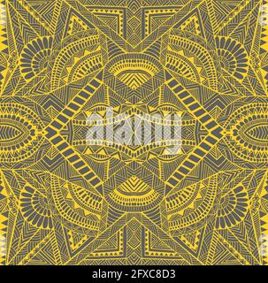 Kaléidoscope tribal psychédélique géométrique de fond mandala, couleur jaune, isolé sur gris. Illustration de Vecteur