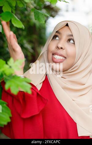 Femme souriante portant le hijab touchant la feuille Banque D'Images