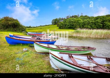 Bateaux de pêche irlandais traditionnels colorés sur le lac Lough Carra irlande de l'ouest dans le comté de Mayo Irlande Banque D'Images