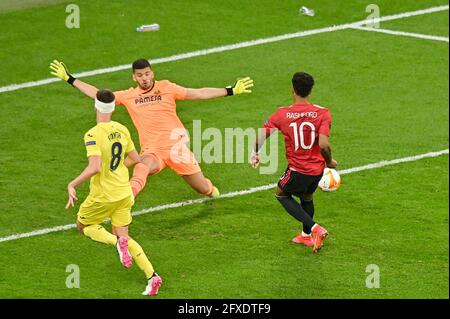 Gdansk, Pologne. 26 mai 2021. Marcus Rashford, de Manchester United, tire lors du match final de l'UEFA Europa League entre Villarreal CF et Manchester United à Gdansk, en Pologne, le 26 mai 2021. Credit: Lukasz Laskowski/Xinhua/Alay Live News Banque D'Images