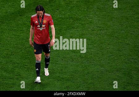 Gdansk, Pologne. 26 mai 2021. Edinson Cavani de Manchester United réagit avec la médaille après avoir perdu le match final de l'UEFA Europa League entre Villarreal CF et Manchester United à Gdansk, en Pologne, le 26 mai 2021. Crédit: Pablo Morano/Xinhua/Alay Live News Banque D'Images