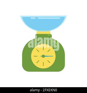 Balance en plastique de cuisine en forme d'horloge avec un grand bol en plastique, appareil de cuisine, clipart vecteur de style dessin animé, isoler, plat Illustration de Vecteur