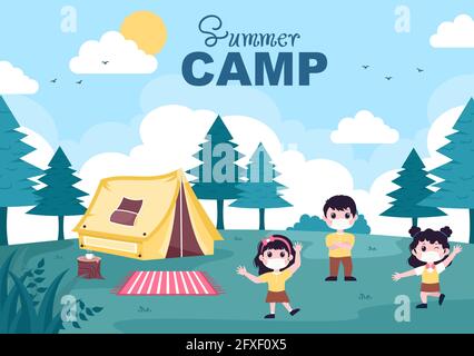 Happy Summer Camp in the Mountain pour l'expédition, le voyage, l'exploration et les loisirs en plein air. Illustration d'arrière-plan paysage Illustration de Vecteur