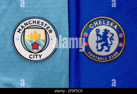 Porto, Portugal. 26 mai 2021. Manchester City vs Chelsea FC Jerseys. Concept : la finale de la Ligue des champions de l'UEFA se déroulera à Porto, au Portugal. Banque D'Images