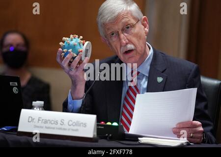 Directeur NIH FR. Francis Collins tient un modèle du coronavirus comme il témoigne devant un sous-comité de crédits du Sénat qui examine les prévisions budgétaires du National Institute of Health (NIH) et l'état de la recherche médicale à Capitol Hill à Washington, DC, USA, le mercredi 26 mai 2021. Photo de Sarah Silbiger/Pool/ABACAPRESS.COM Banque D'Images