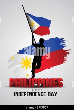 Happy Independence Day Philippines. Illustration vectorielle de l'homme philippin avec drapeau. Affiche, bannière, modèle de conception Illustration de Vecteur