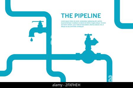 Concept d'infographie sur les pipelines avec couleurs bleu et blanc. Conception à vecteur à soupape plate pour l'huile, l'eau ou le gaz. Illustration de Vecteur