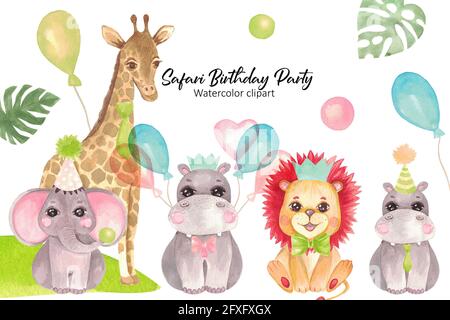 Fête d'anniversaire Safari animaux clipart bannière bébé animaux amis africains Banque D'Images