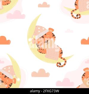 Arrière-plan transparent. Un joli tigre d'animal endormi dans un chapeau et sous une couverture dort sur la lune sur un fond blanc avec des nuages. Vecteur Illustration de Vecteur