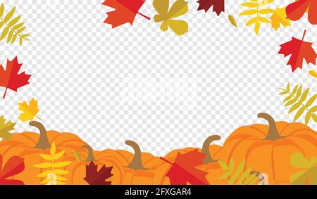 Les feuilles d'automne et de citrouilles border frame avec l'espace texte sur fond transparent. Fleurs de saison chêne érable feuilles orange avec les gourdes pour merci Illustration de Vecteur
