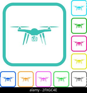 Le quadcopter de drone des icônes plates de couleur vive dans les bordures incurvées sur arrière-plan blanc Illustration de Vecteur