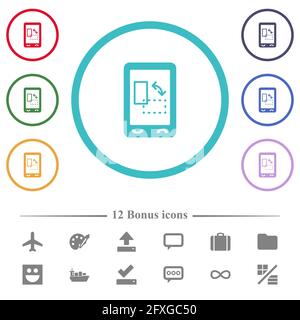Modifier l'orientation de l'affichage mobile icônes de couleur plate dans les contours en forme de cercle. 12 icônes bonus incluses. Illustration de Vecteur