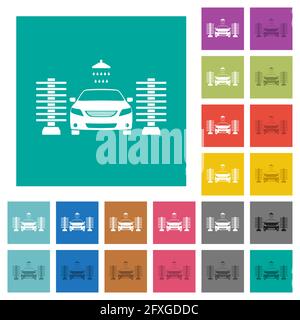 Lavage de voiture multi couleurs icônes plates sur fonds carrés simples. Inclut des variantes d'icône blanche et foncée pour les effets de survol ou actifs. Illustration de Vecteur